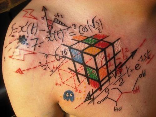 With 3 sides of the 3-d cube brilliantly tattooed in bright colors of blue, 